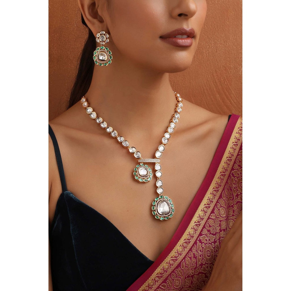 SWABHIMANN Yaavi Green Polki Necklace with Earrings Set