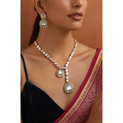 SWABHIMANN Yaavi Green Polki Necklace with Earrings Set