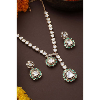 SWABHIMANN Yaavi Green Polki Necklace with Earrings Set