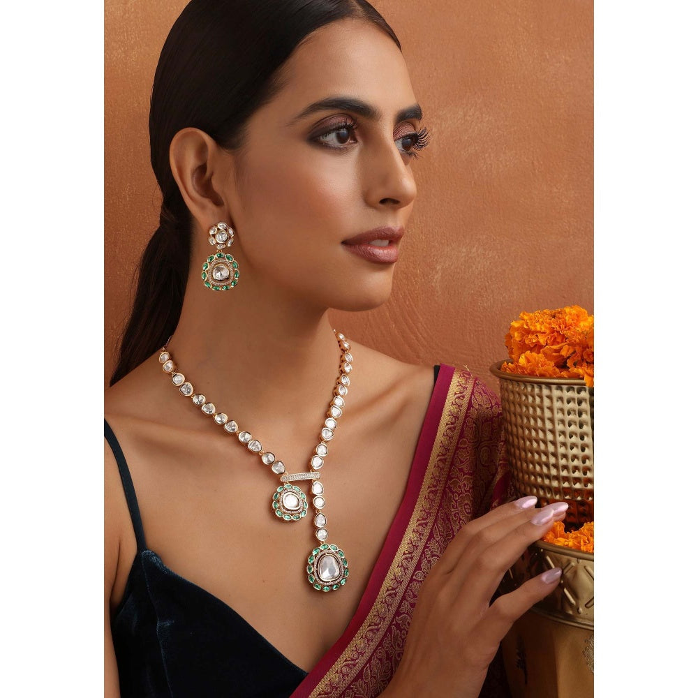 SWABHIMANN Yaavi Green Polki Necklace with Earrings Set