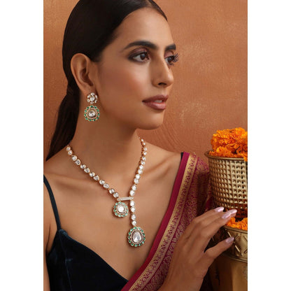 SWABHIMANN Yaavi Green Polki Necklace with Earrings Set
