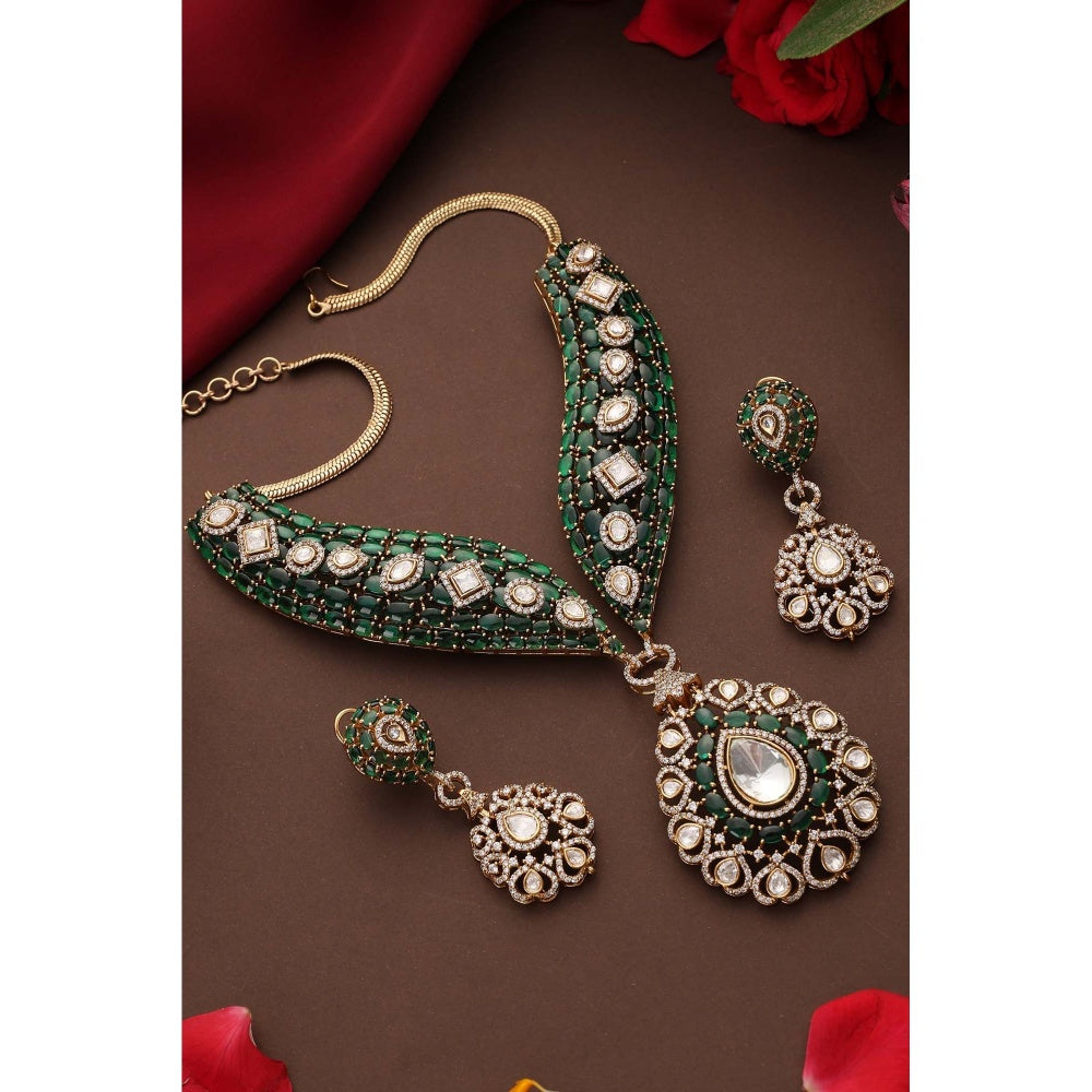 SWABHIMANN Mrida Emerald Polki Necklace with Earrings Set