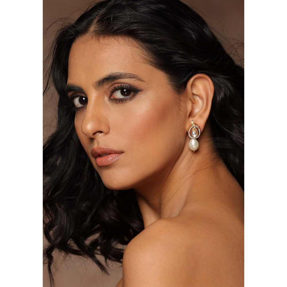 SWABHIMANN Vibha White Gold Plated Pearl Drop Earrings