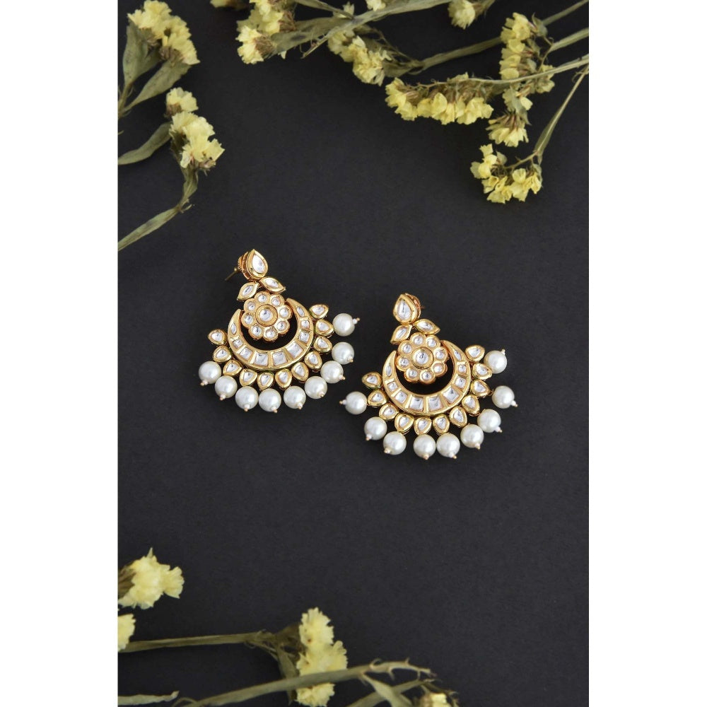 SWABHIMANN Hanka Gold Kundan and Pearl Chandbali Earrings