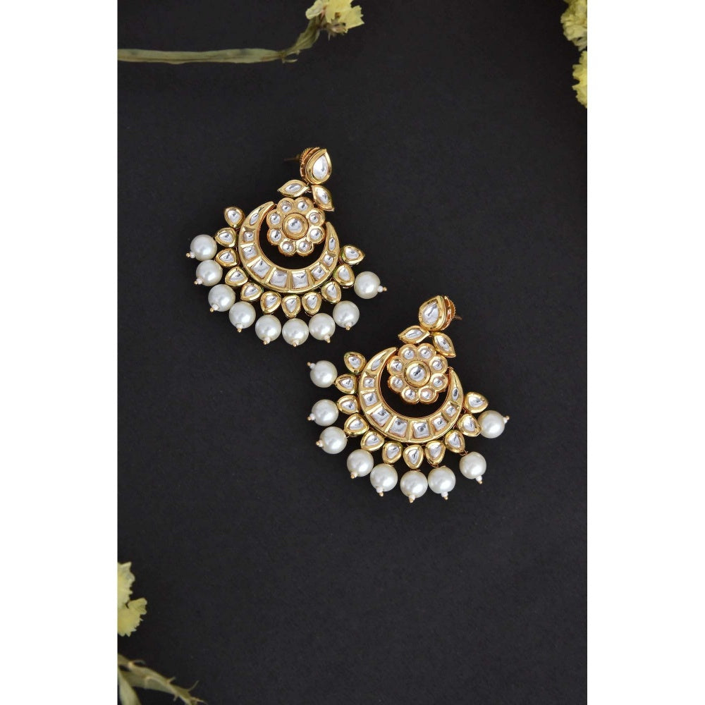 SWABHIMANN Hanka Gold Kundan and Pearl Chandbali Earrings