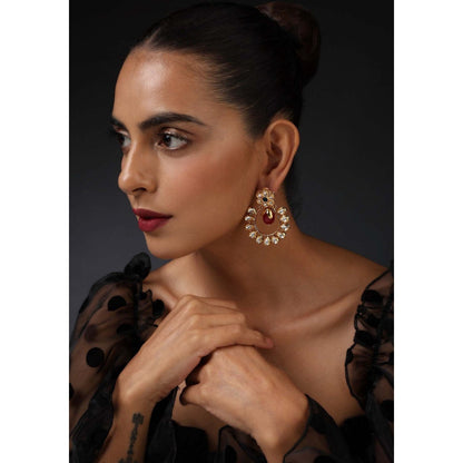 SWABHIMANN Moira Red and Green Kundan Chandbali Earrings