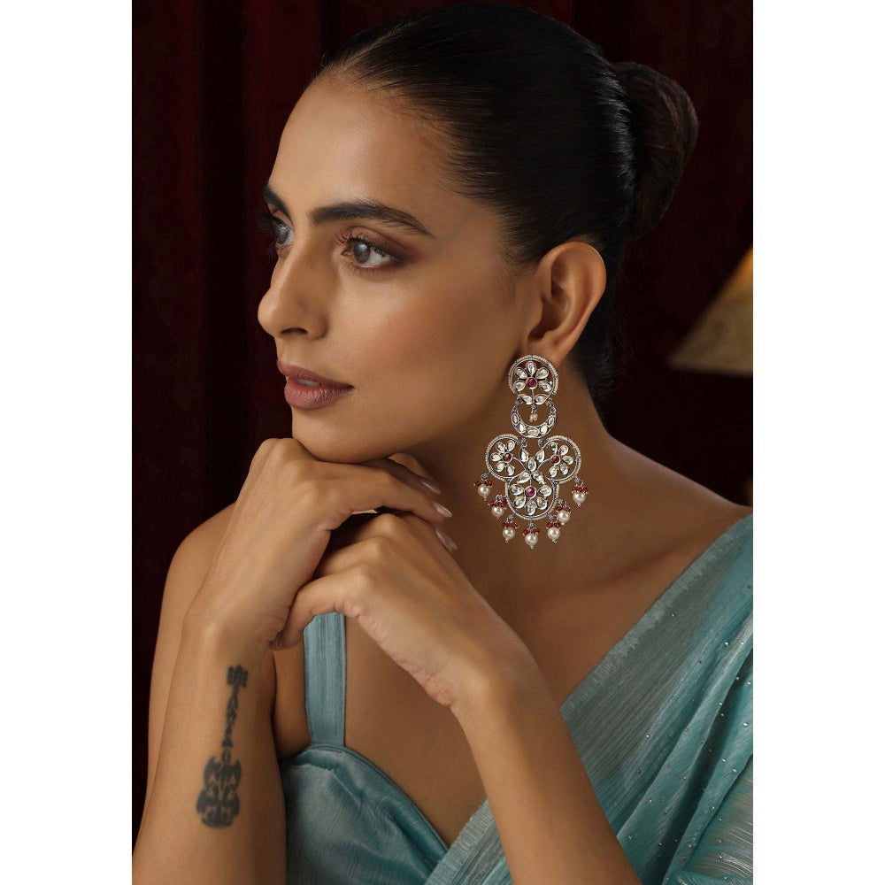 SWABHIMANN Riha Red and Silver Polki Chandbali Earrings