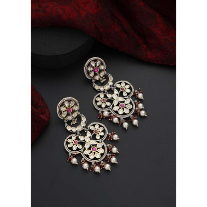 SWABHIMANN Riha Red and Silver Polki Chandbali Earrings