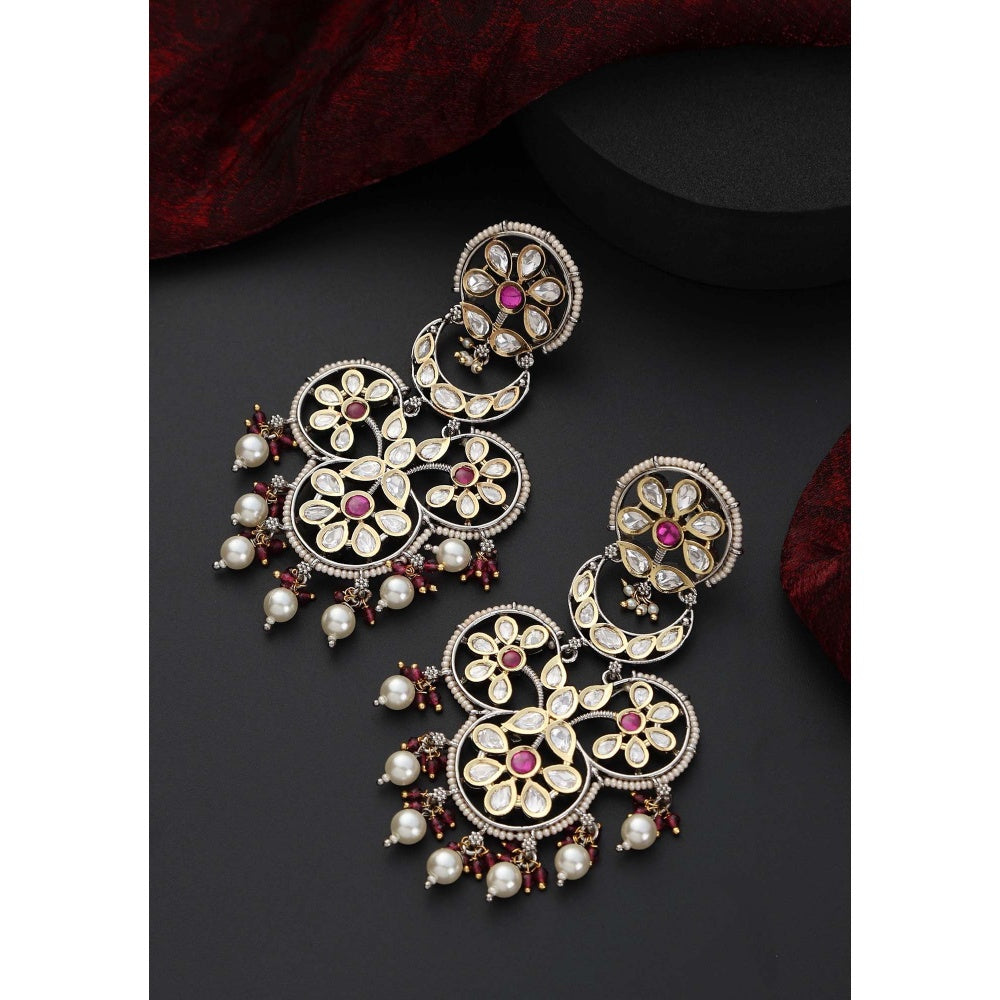 SWABHIMANN Riha Red and Silver Polki Chandbali Earrings