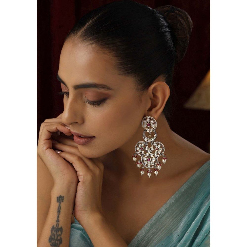 SWABHIMANN Riha Red and Silver Polki Chandbali Earrings