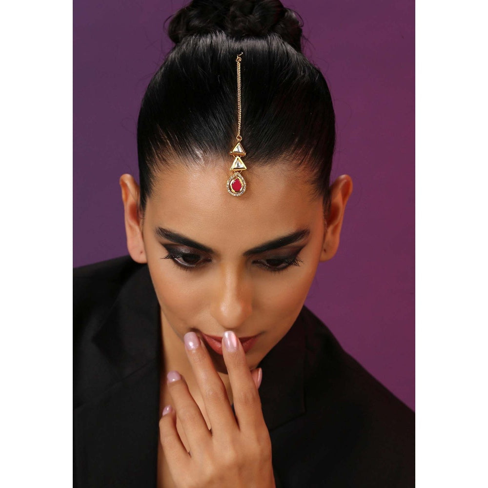 SWABHIMANN Reet Red Gold Plated Kundan Maang Tikka