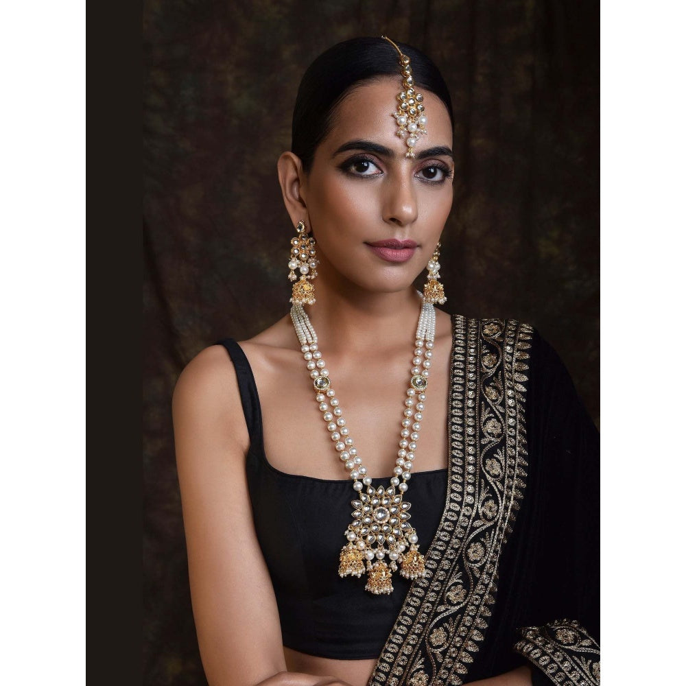 SWABHIMANN Palak White Gold Plated Kundan Long Necklace with Earrings and Maang Tikka