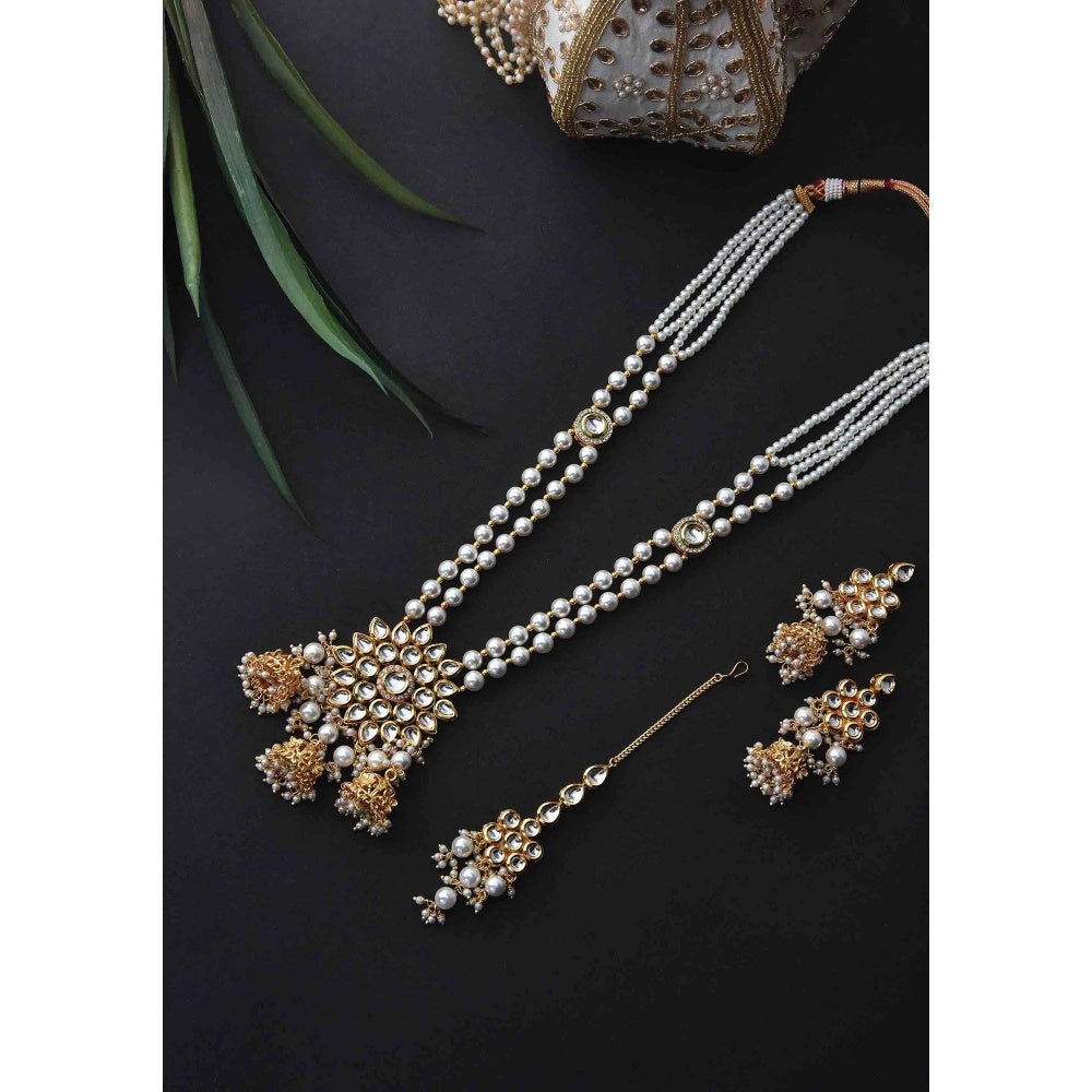 SWABHIMANN Palak White Gold Plated Kundan Long Necklace with Earrings and Maang Tikka