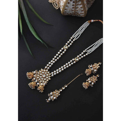 SWABHIMANN Palak White Gold Plated Kundan Long Necklace with Earrings and Maang Tikka