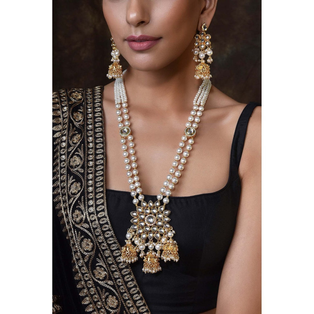 SWABHIMANN Palak White Gold Plated Kundan Long Necklace with Earrings and Maang Tikka