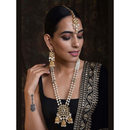 SWABHIMANN Palak White Gold Plated Kundan Long Necklace with Earrings and Maang Tikka