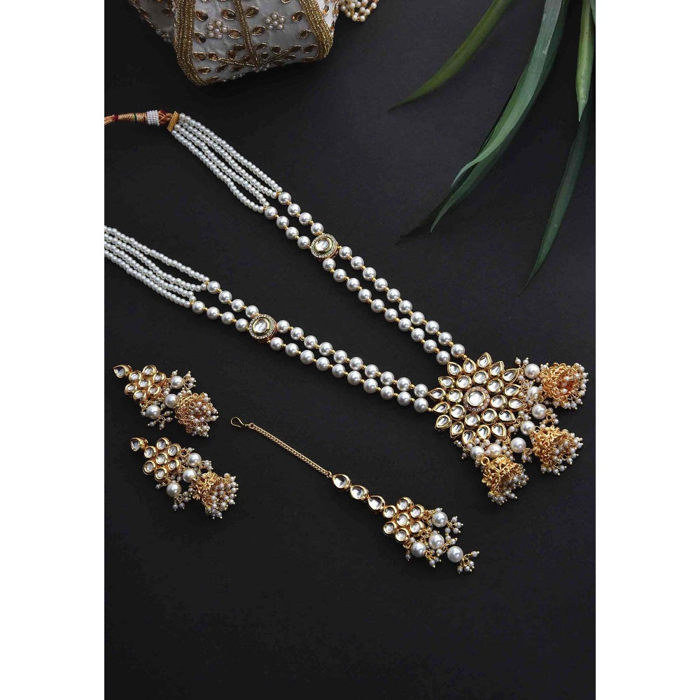 SWABHIMANN Palak White Gold Plated Kundan Long Necklace with Earrings and Maang Tikka