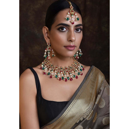 SWABHIMANN Aaruna Multicolor Gold Plated Kundan Choker Necklace with Earrings and Maang Tikka