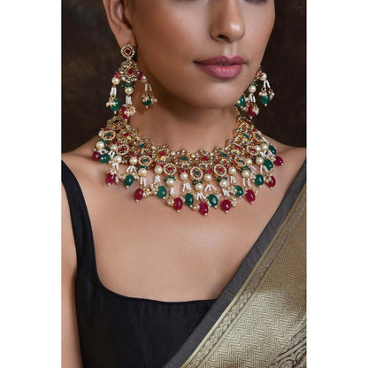 SWABHIMANN Aaruna Multicolor Gold Plated Kundan Choker Necklace with Earrings and Maang Tikka