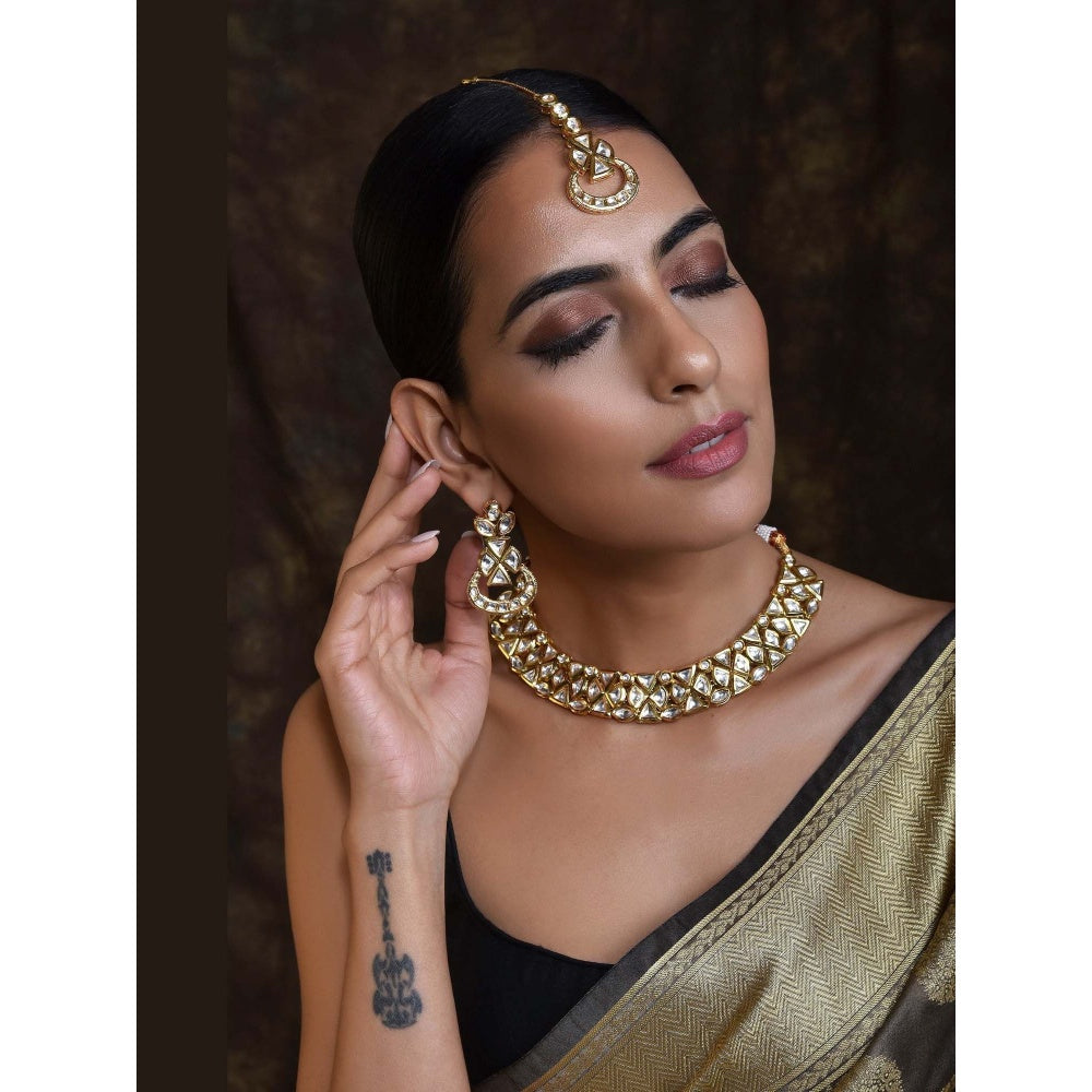 SWABHIMANN Chandara Gold Plated Kundan Short Necklace with Earrings Set
