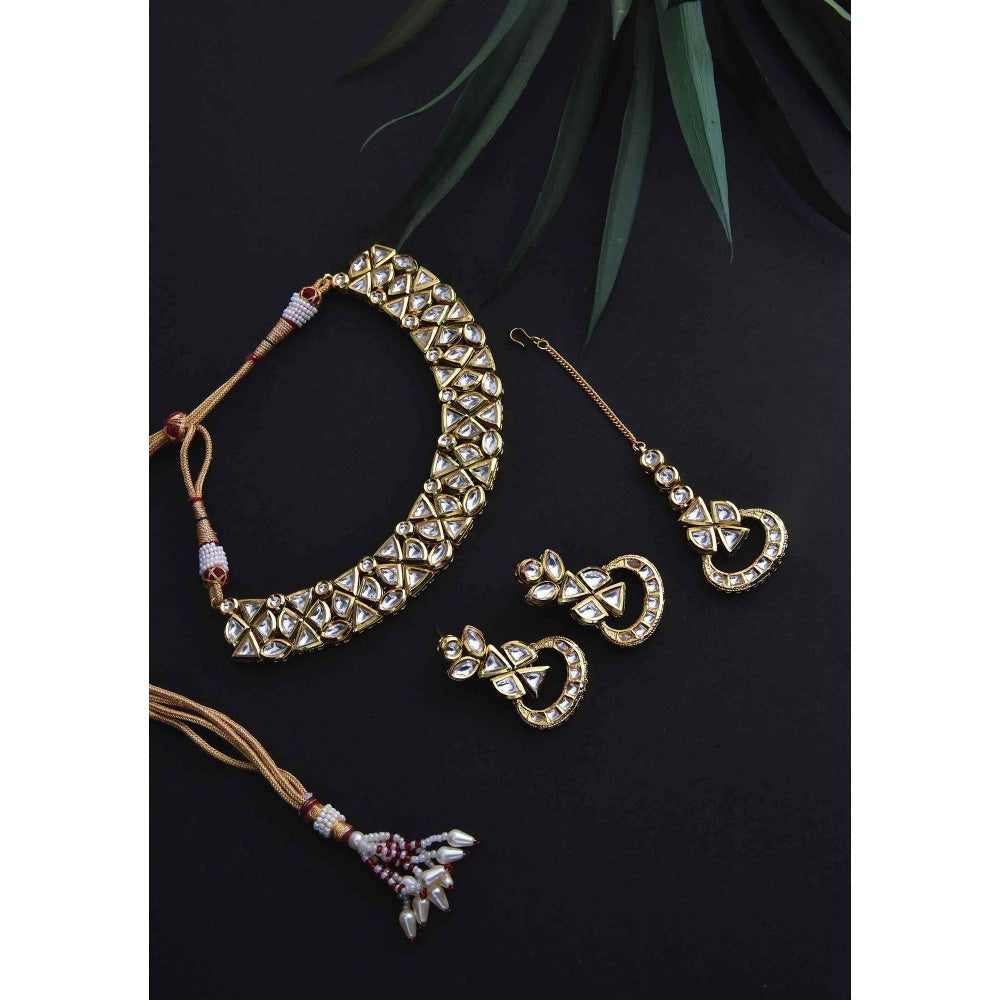 SWABHIMANN Chandara Gold Plated Kundan Short Necklace with Earrings Set