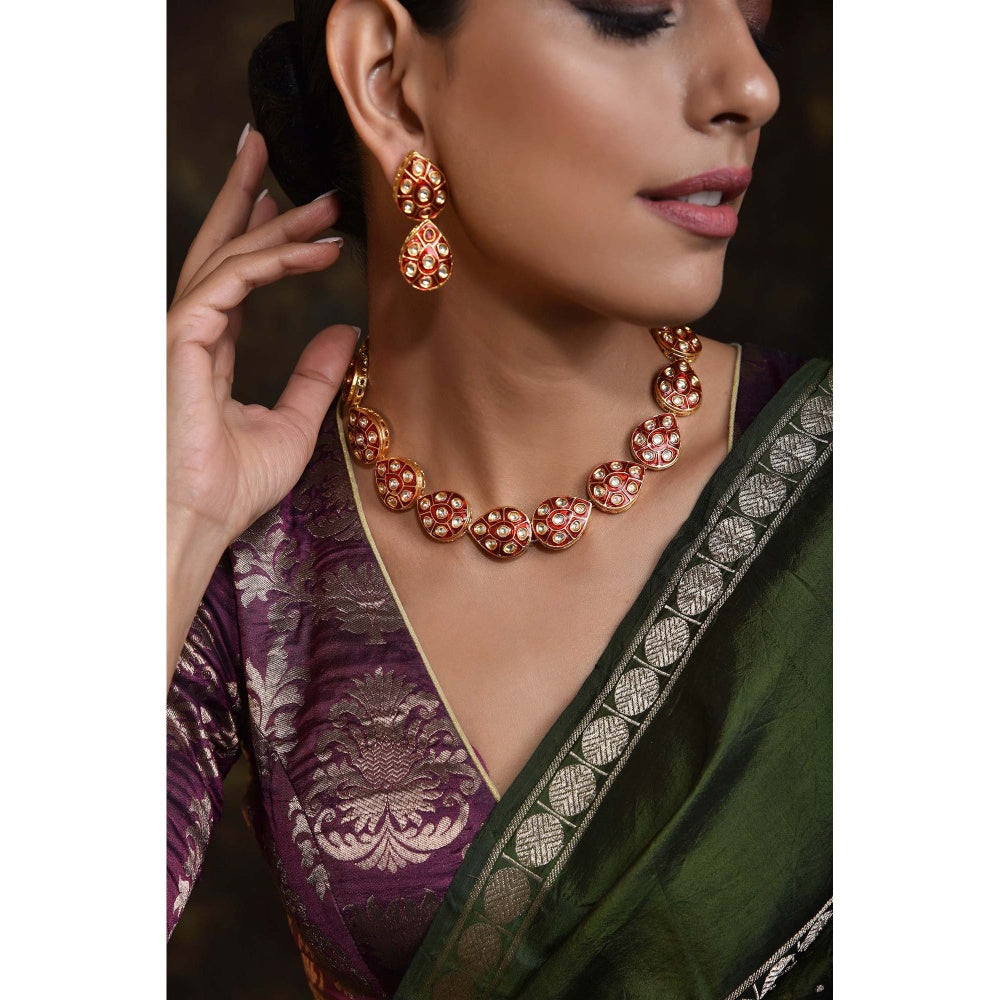 SWABHIMANN Shlokha Red Gold Plated Kundan Meenakari Necklace with Earrings Set