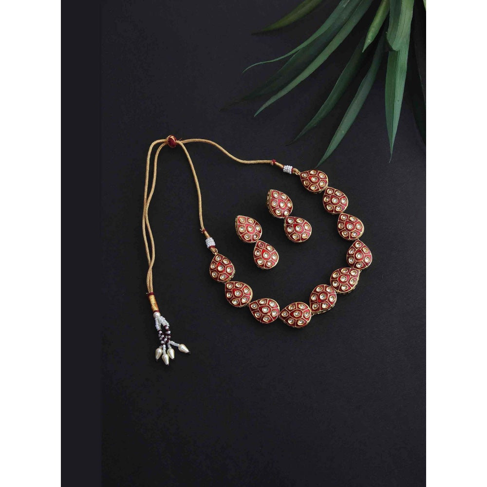 SWABHIMANN Shlokha Red Gold Plated Kundan Meenakari Necklace with Earrings Set