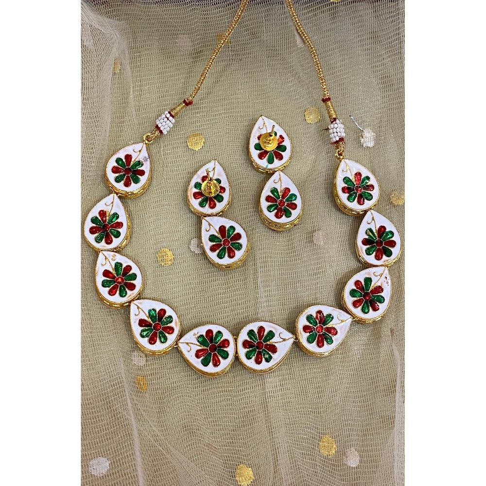 SWABHIMANN Shlokha Red Gold Plated Kundan Meenakari Necklace with Earrings Set
