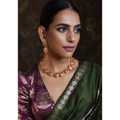 SWABHIMANN Shlokha Red Gold Plated Kundan Meenakari Necklace with Earrings Set