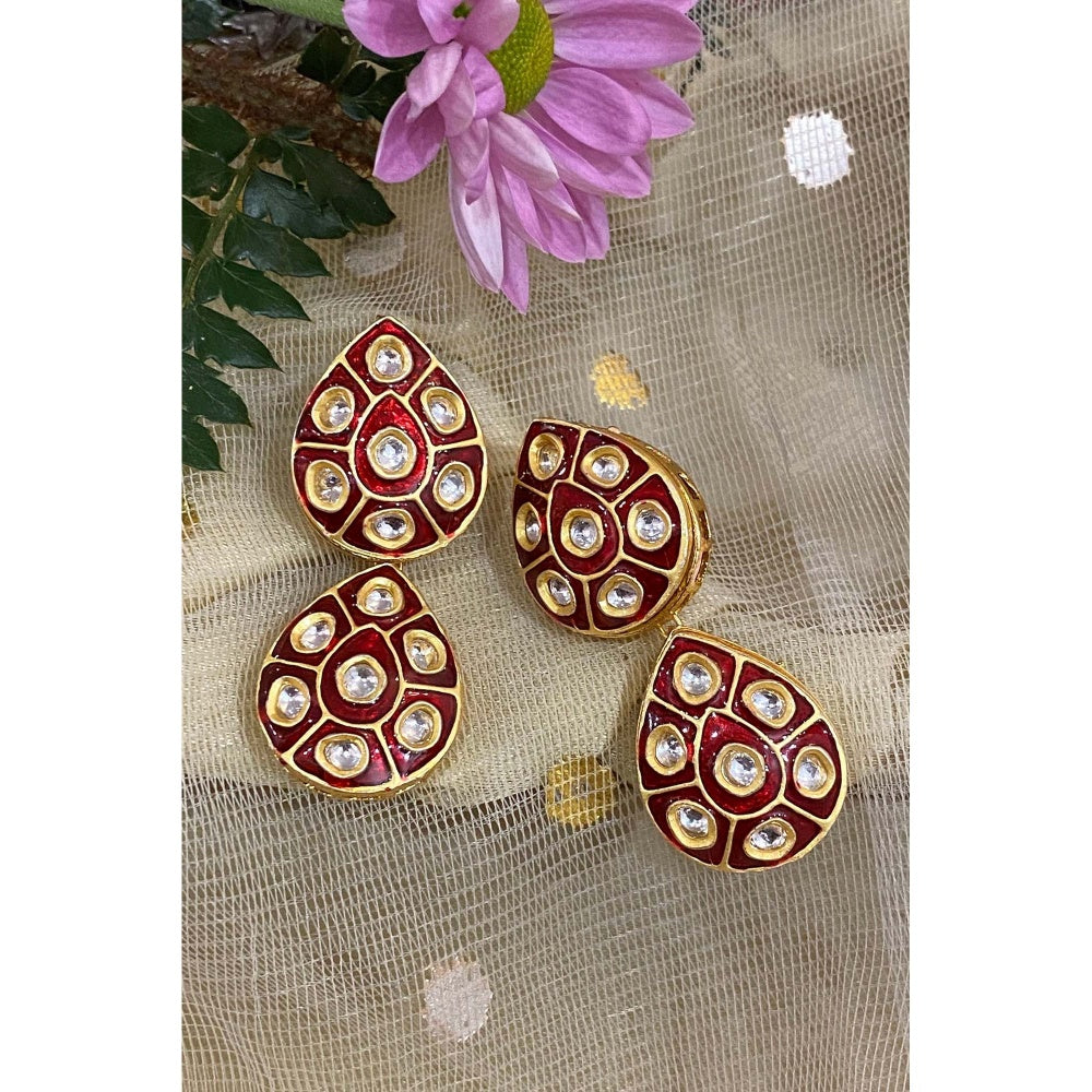 SWABHIMANN Shlokha Red Gold Plated Kundan Meenakari Necklace with Earrings Set