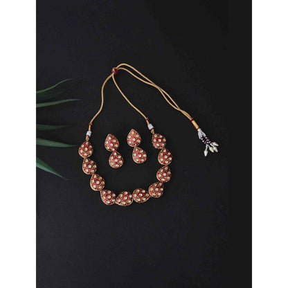 SWABHIMANN Shlokha Red Gold Plated Kundan Meenakari Necklace with Earrings Set