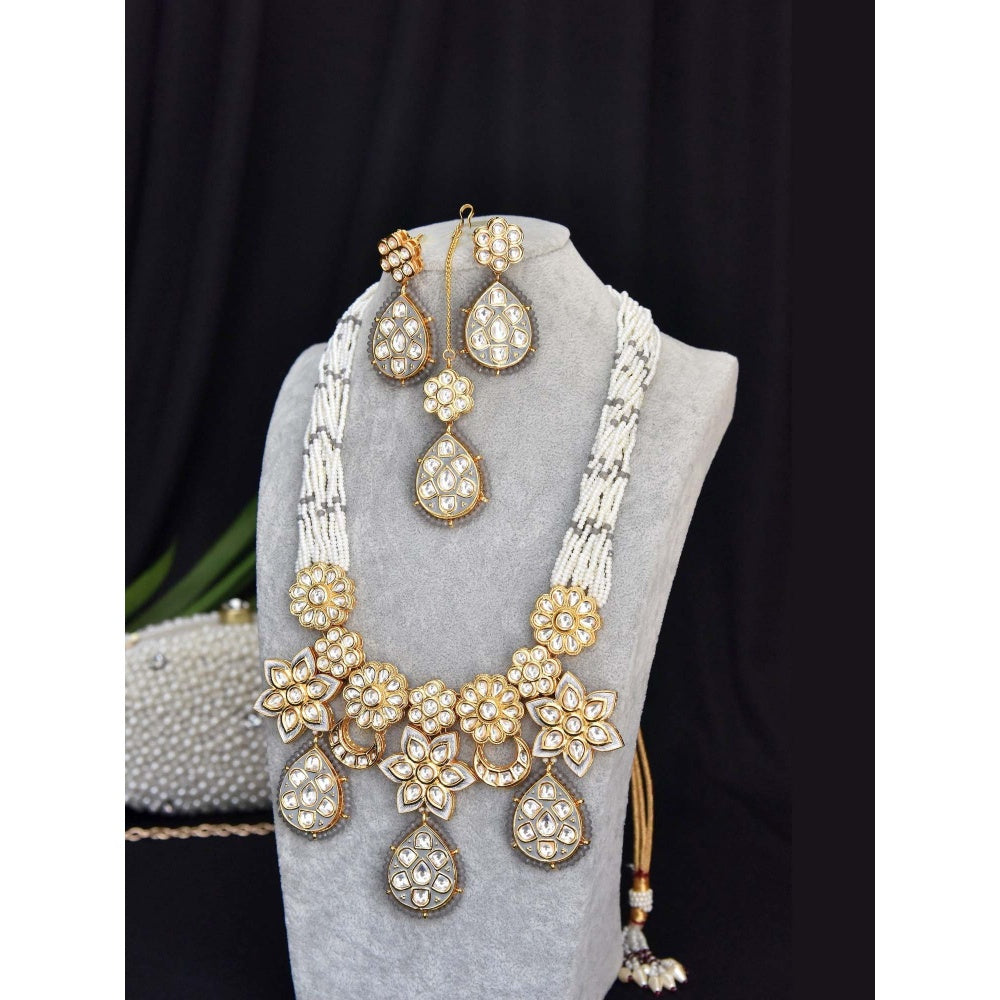 SWABHIMANN Mandira Grey Gold Plated Kundan Bridal Necklace with Earrings Set
