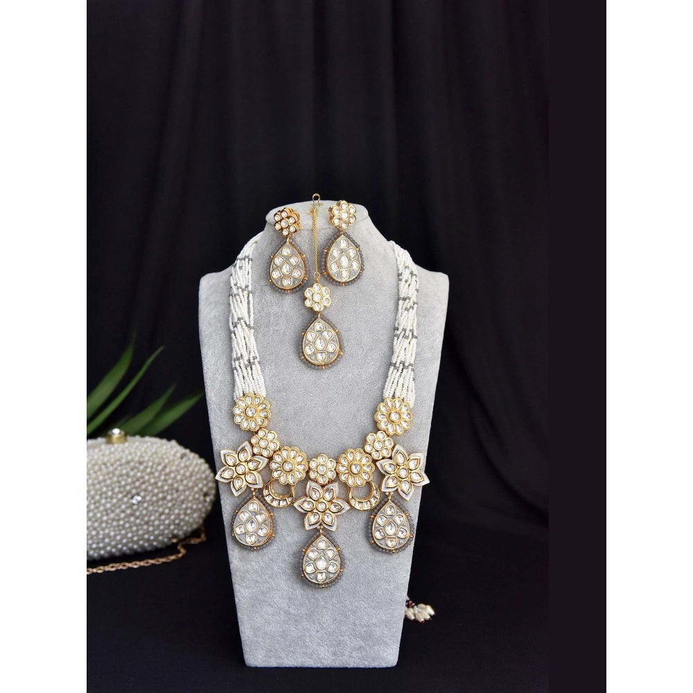 SWABHIMANN Mandira Grey Gold Plated Kundan Bridal Necklace with Earrings Set