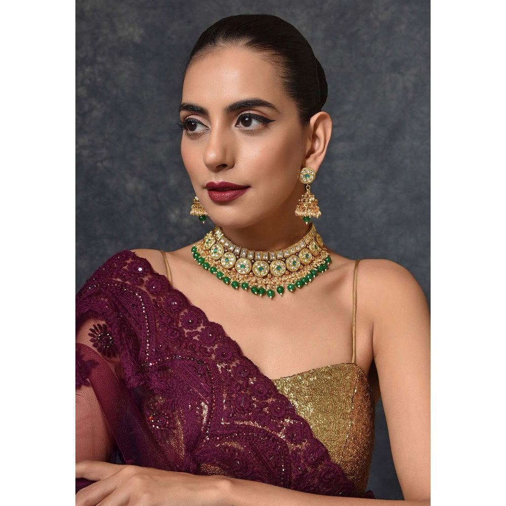 SWABHIMANN Ehsaas Green Gold Plated Kundan Necklace with Earrings Set