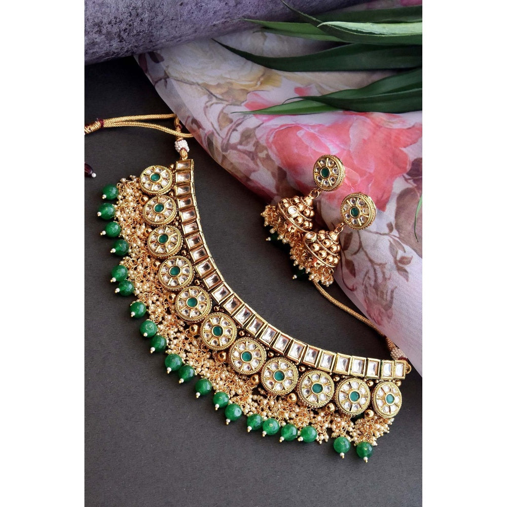 SWABHIMANN Ehsaas Green Gold Plated Kundan Necklace with Earrings Set