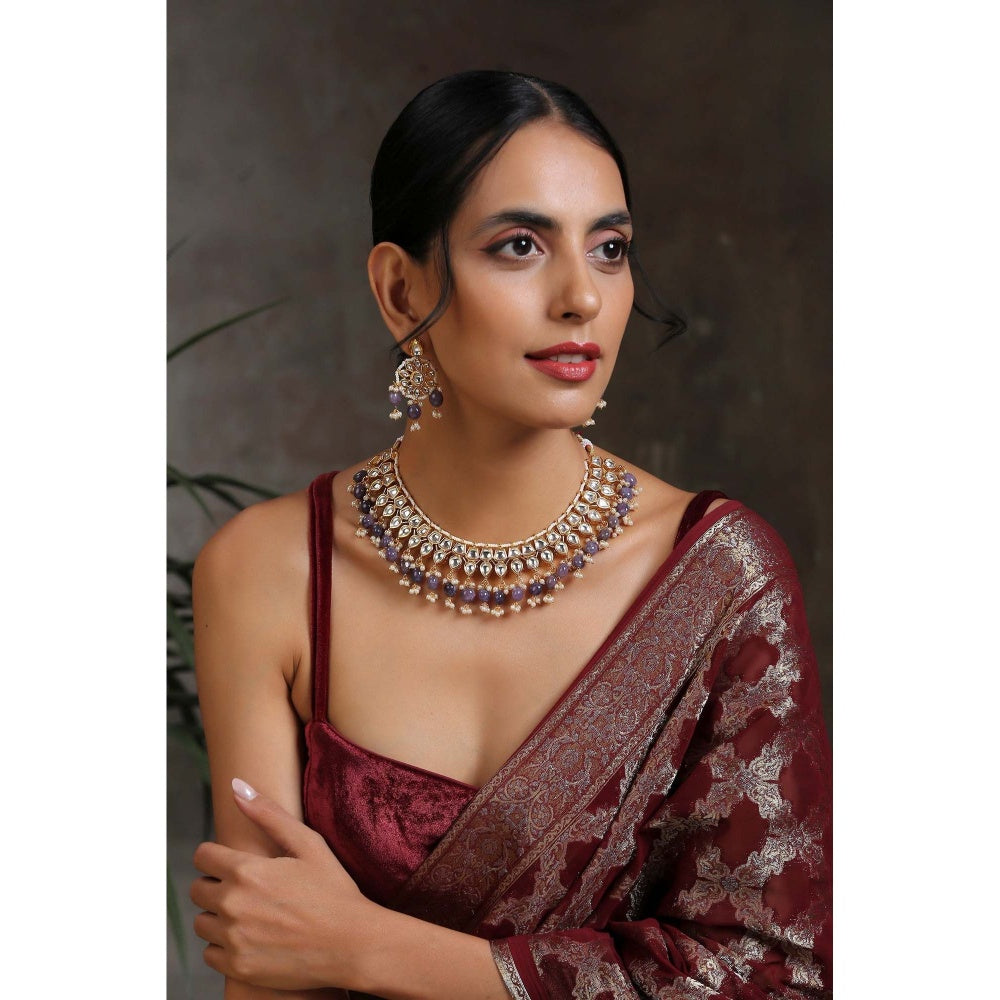 SWABHIMANN Griya Purple Gold Plated Kundan Necklace with Earrings Set