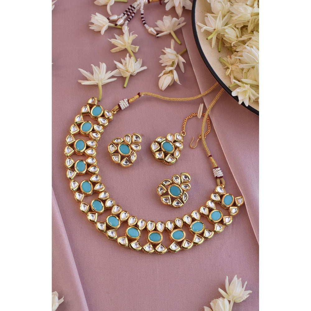 SWABHIMANN Shakti Mohan in Nirali Blue Kundan Necklace with Earrings and Maang Tikka