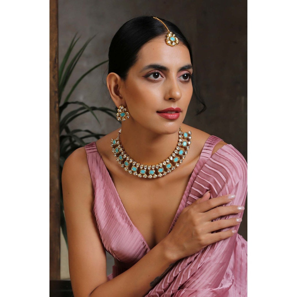 SWABHIMANN Shakti Mohan in Nirali Blue Kundan Necklace with Earrings and Maang Tikka