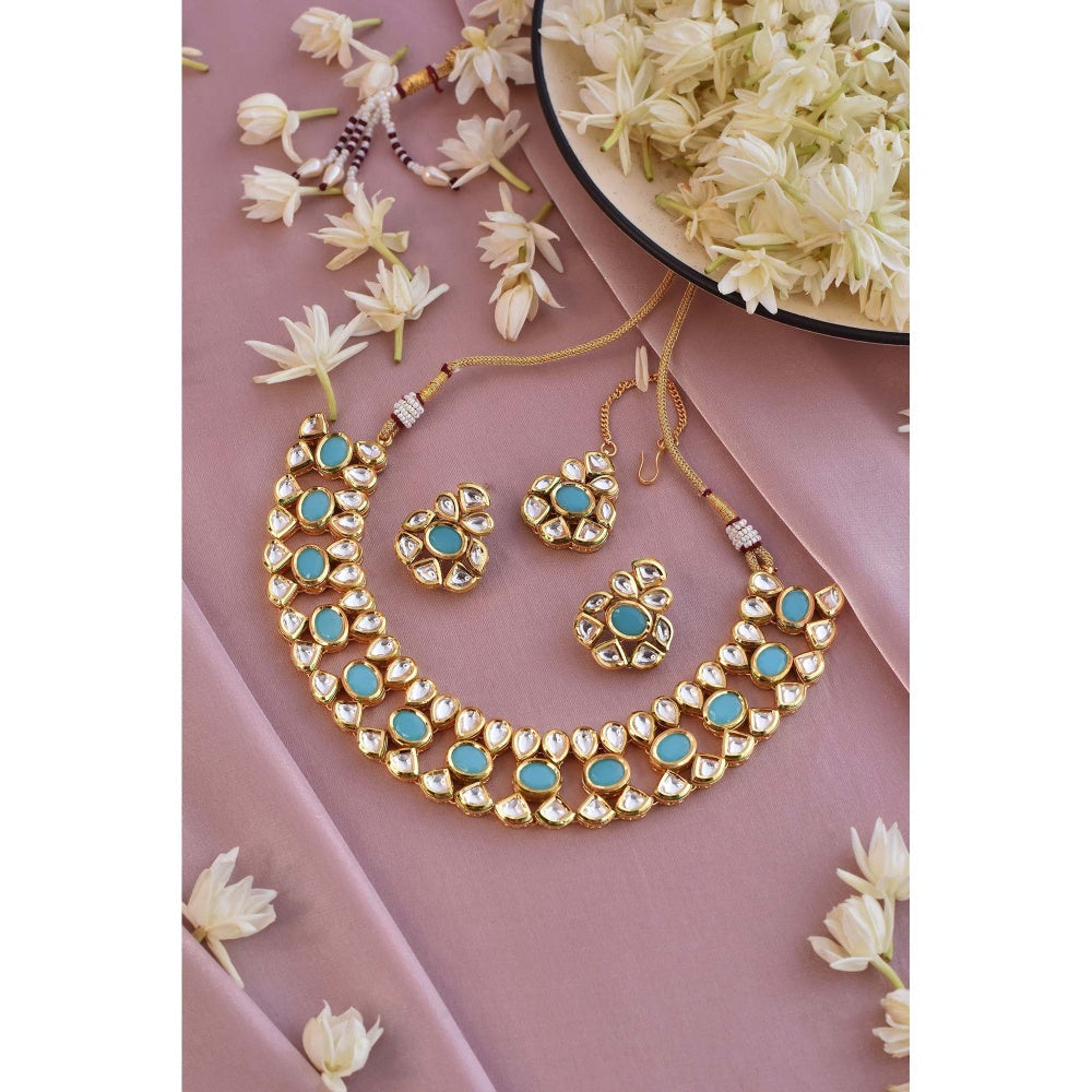SWABHIMANN Shakti Mohan in Nirali Blue Kundan Necklace with Earrings and Maang Tikka