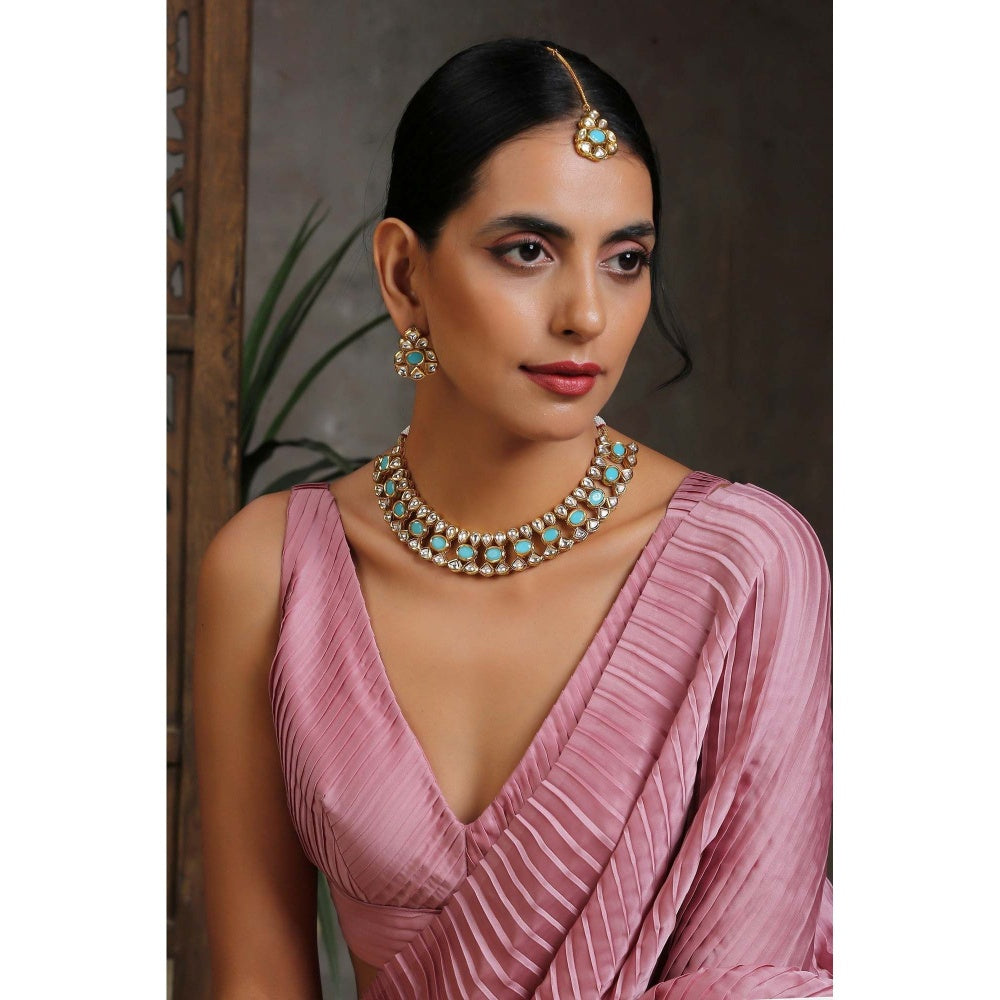 SWABHIMANN Shakti Mohan in Nirali Blue Kundan Necklace with Earrings and Maang Tikka