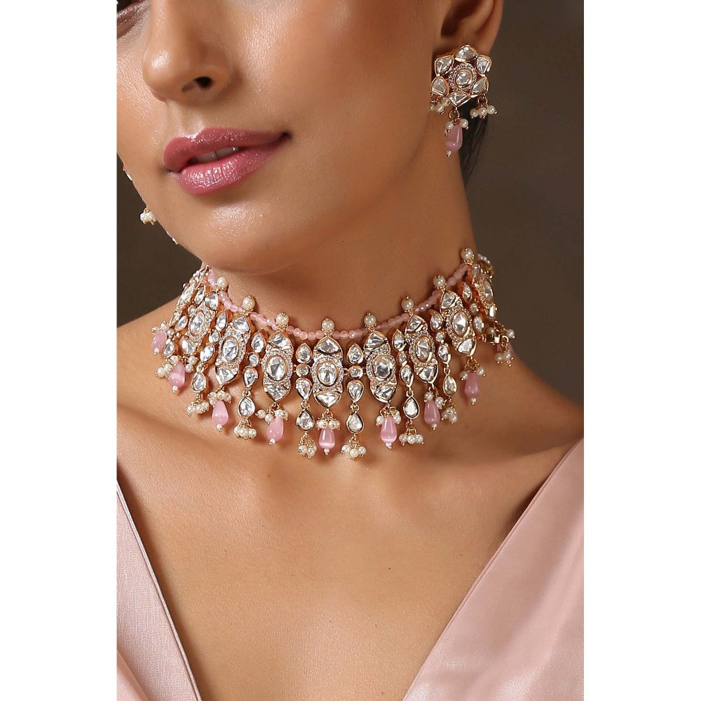 SWABHIMANN Norah Pink Gold Plated Polki Choker Necklace with Earrings Set
