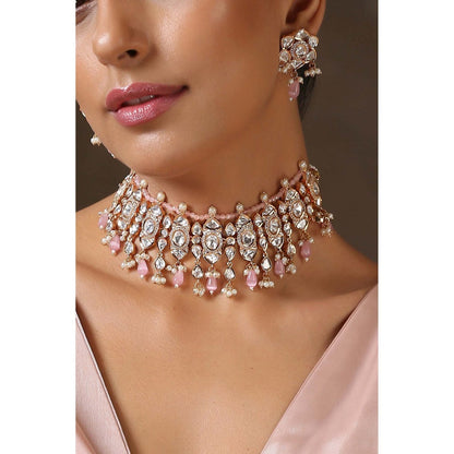 SWABHIMANN Norah Pink Gold Plated Polki Choker Necklace with Earrings Set