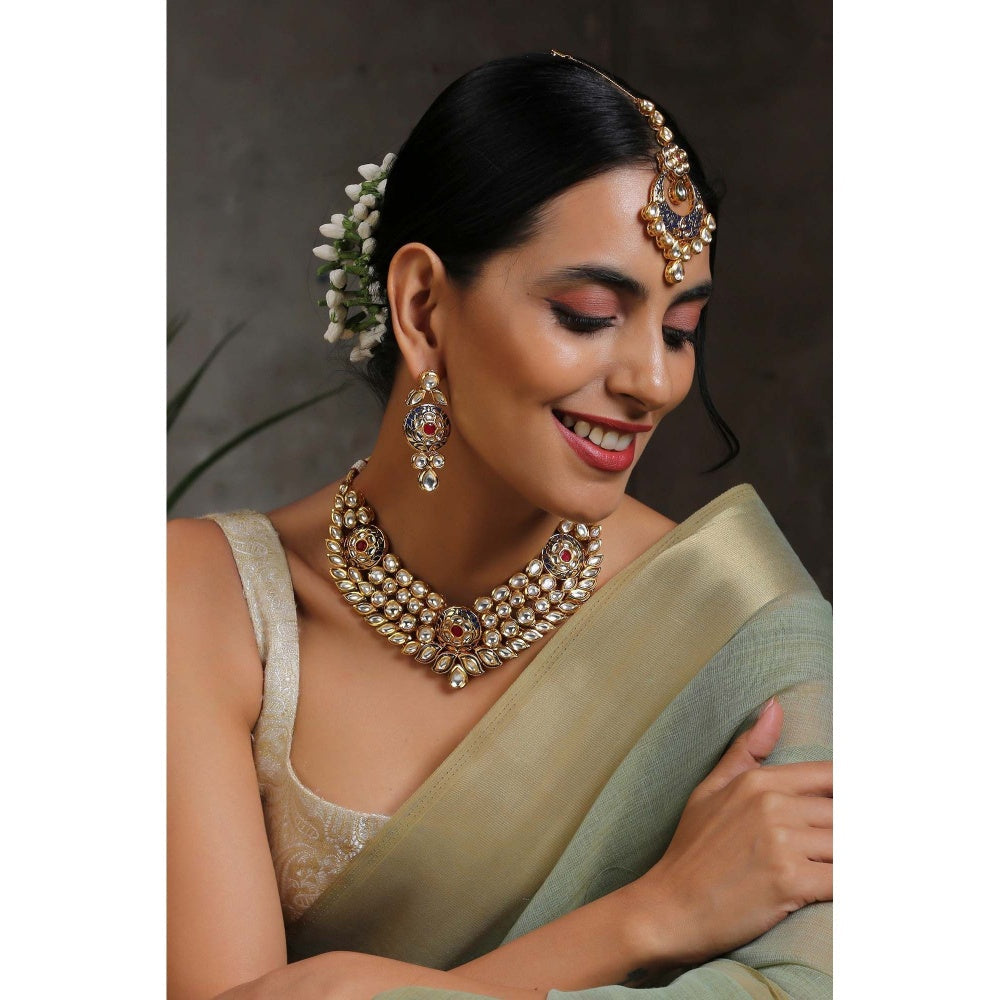 SWABHIMANN Hamsha Blue Gold Plated Kundan Necklace with Earrings Set