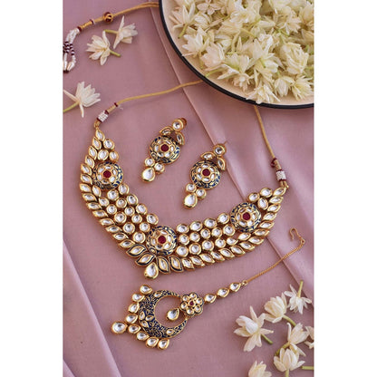SWABHIMANN Hamsha Blue Gold Plated Kundan Necklace with Earrings Set