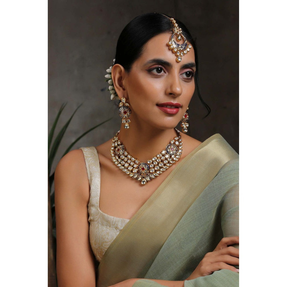 SWABHIMANN Hamsha Blue Gold Plated Kundan Necklace with Earrings Set