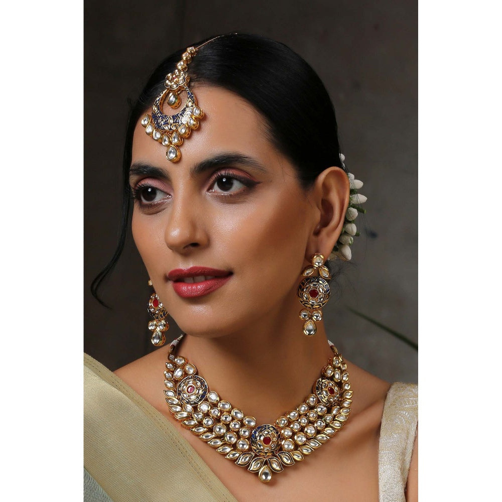 SWABHIMANN Hamsha Blue Gold Plated Kundan Necklace with Earrings Set