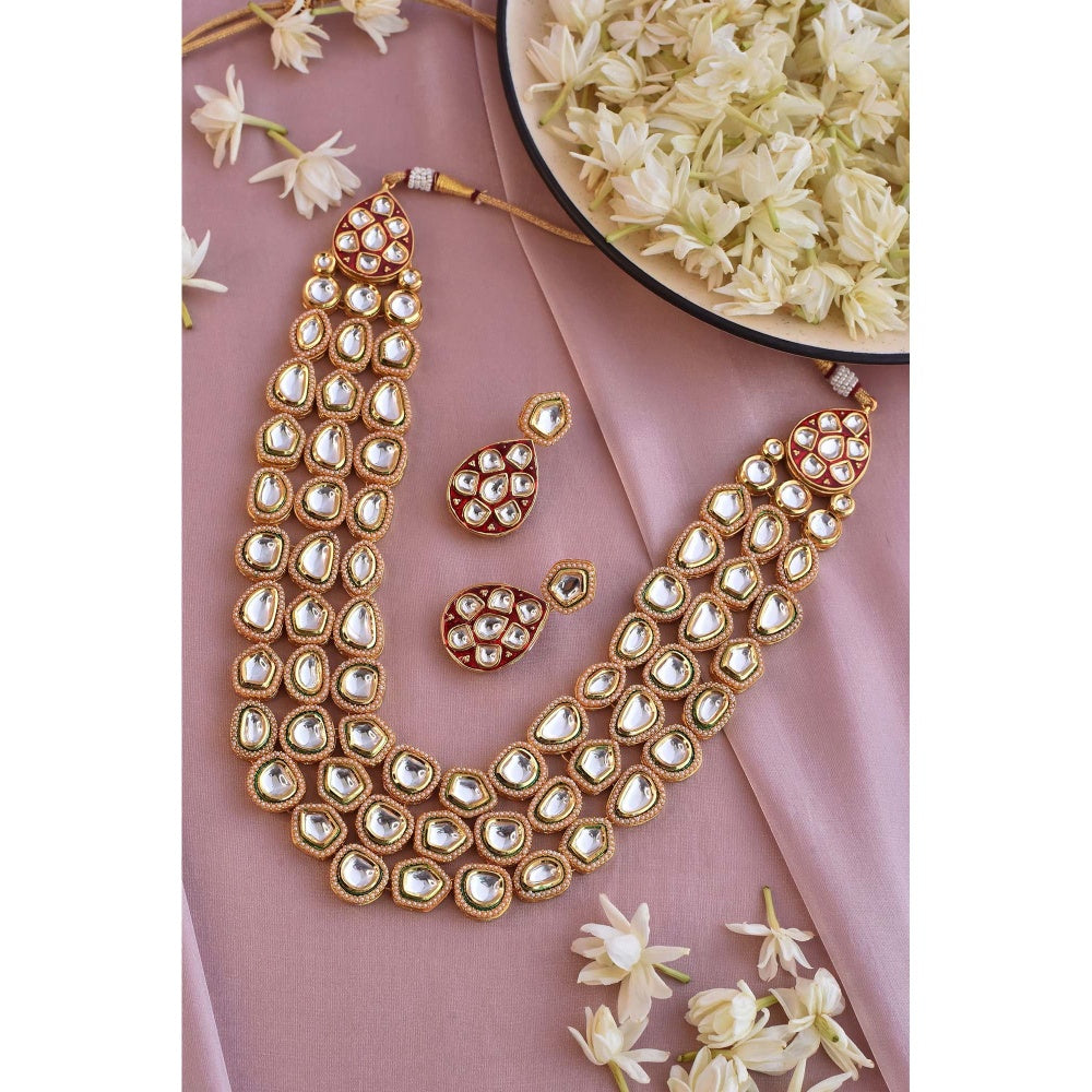 SWABHIMANN Kalirra Red Gold Plated Kundan Necklace with Earrings Set