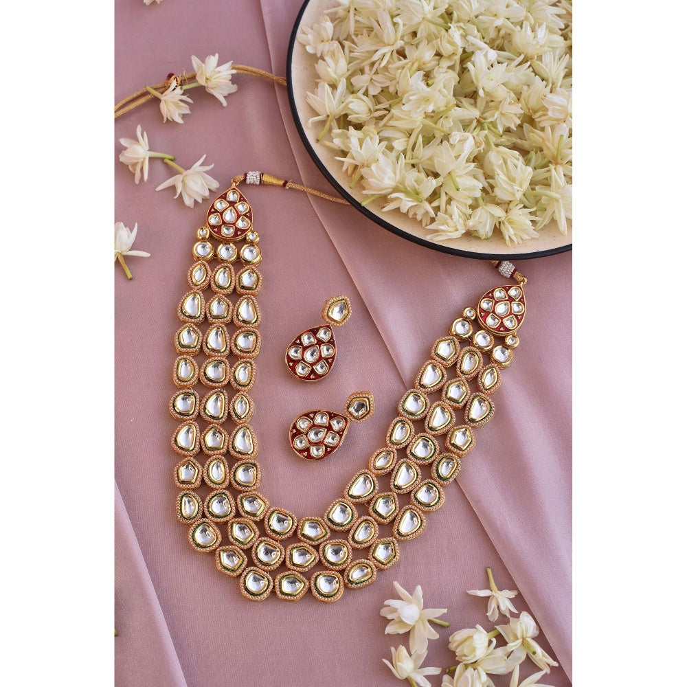 SWABHIMANN Kalirra Red Gold Plated Kundan Necklace with Earrings Set