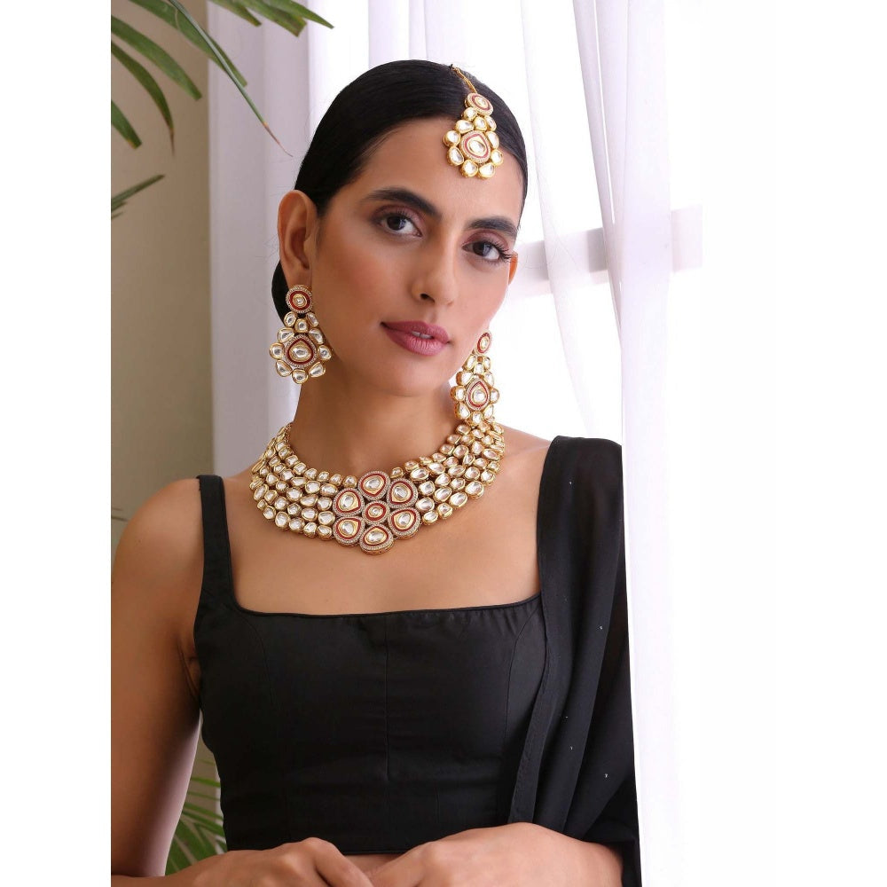 SWABHIMANN Sumaira Red Gold Plated Kundan Necklace with Earrings Set
