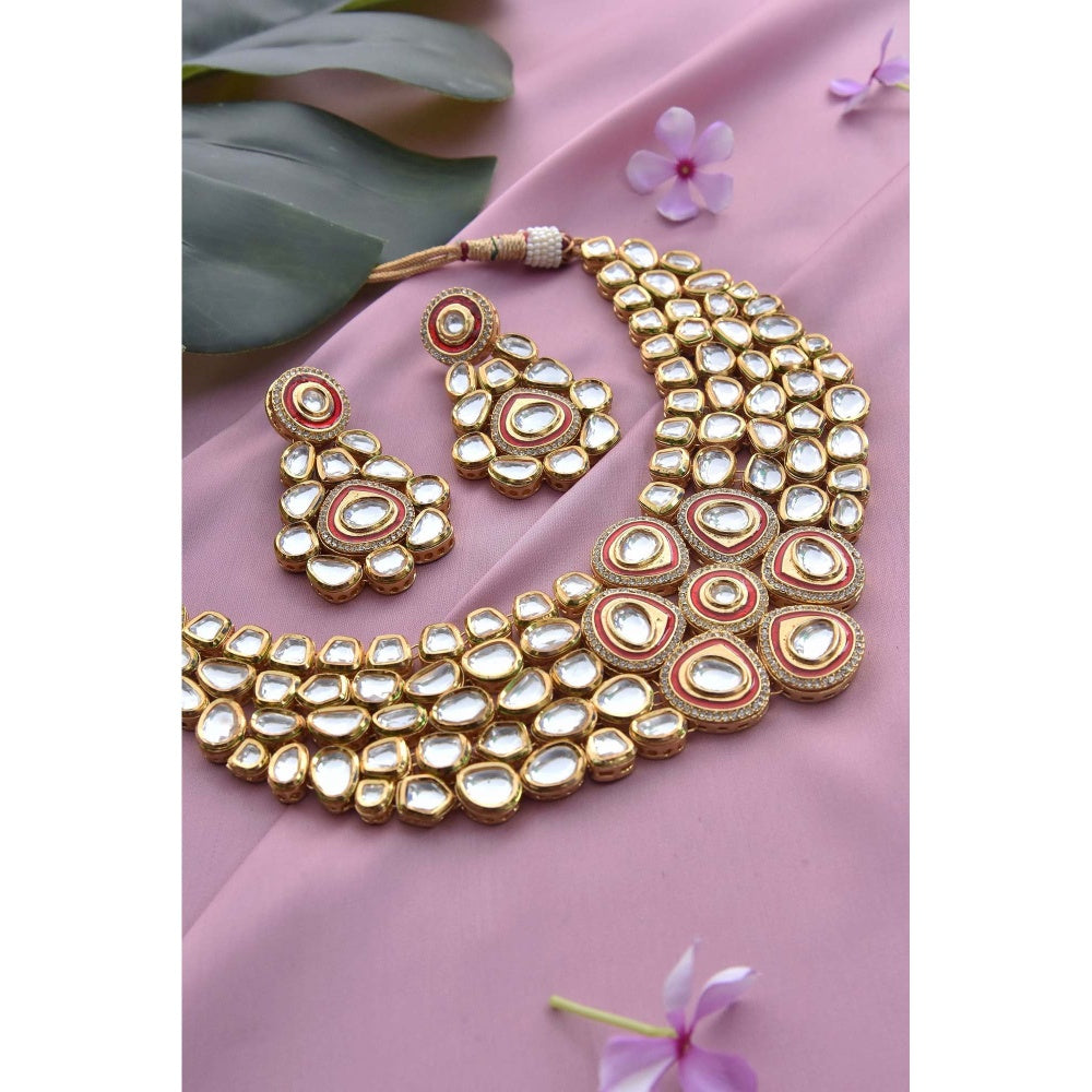SWABHIMANN Sumaira Red Gold Plated Kundan Necklace with Earrings Set
